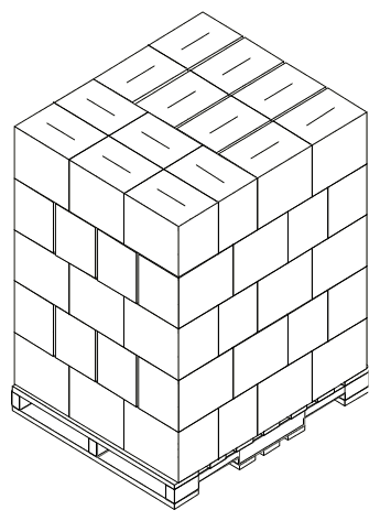Isometric illustration of a palletized load stacked interlocked — alternating layers rotated so seams stagger like brickwork